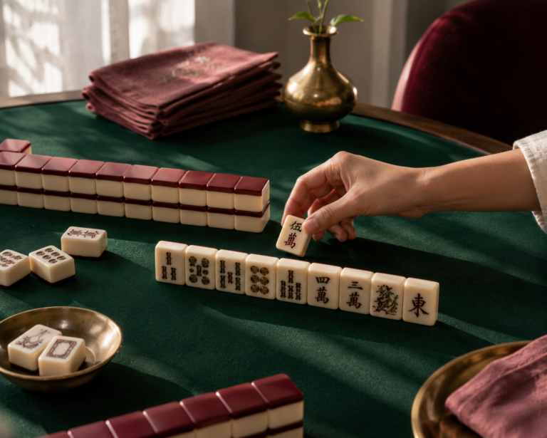 A hand placing a mahjong tile at the start of a game, table styled with linens and a small vase.