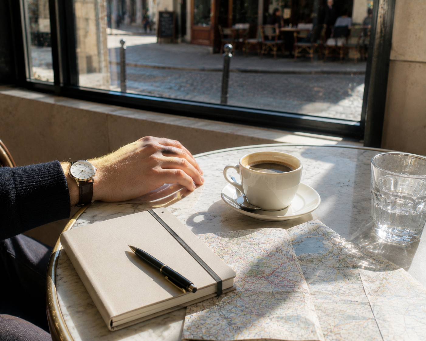 A hand resting on a café table with a notebook and map in morning light — a scene that captures how to plan a slow travel trip built around presence, not a checklist.