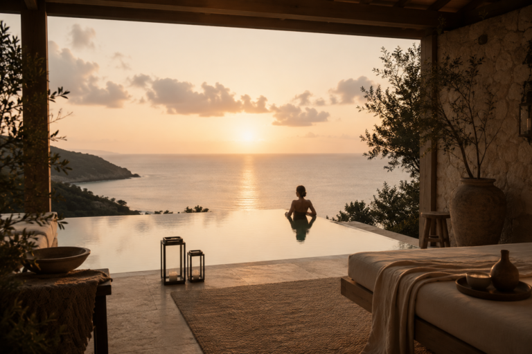 A quiet outdoor wellness retreat pool at golden hour, representing a slow wellness retreat 2026 escape.
