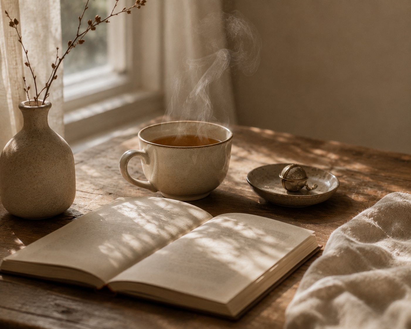 What is slow living philosophy — a quiet, unhurried morning moment with tea and an open book.