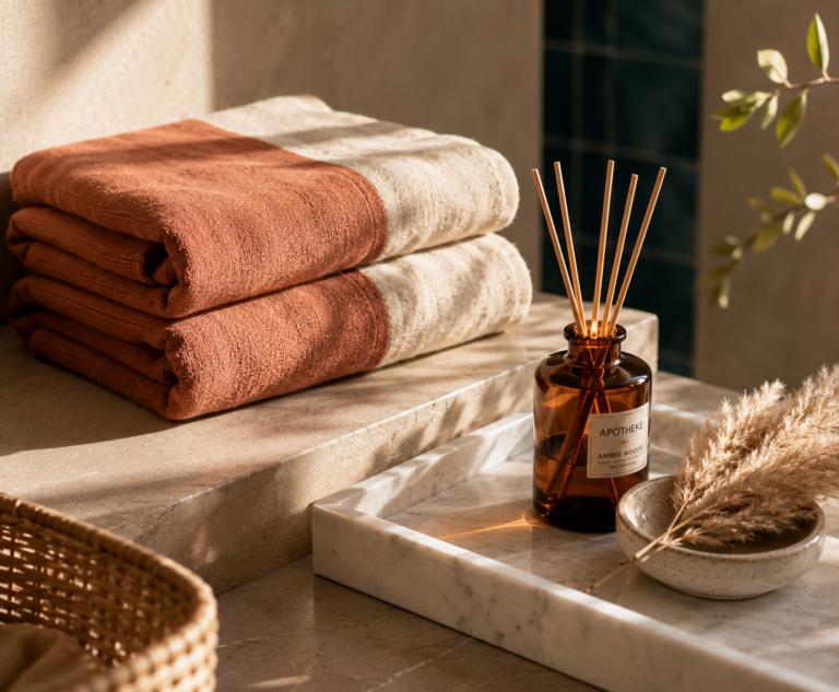 A terracotta linen towel mid-fold beside a white marble tray and amber reed diffuser, styled for a spa bathroom on a budget