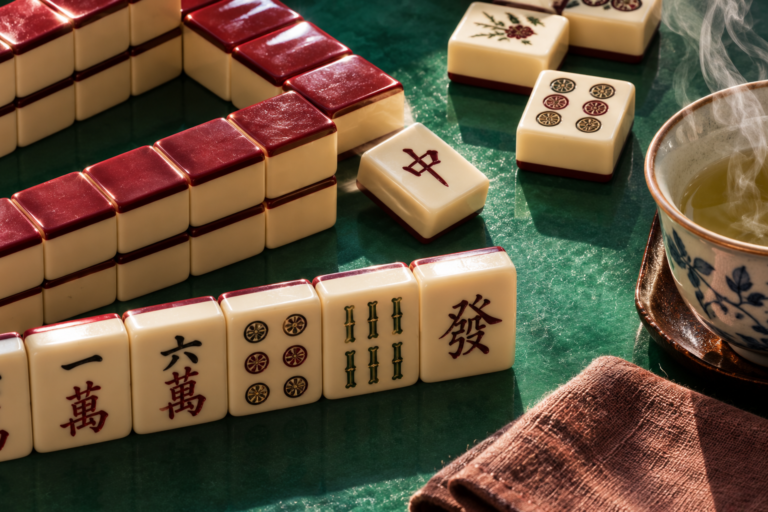 Close-up of mahjong tiles and a linen table runner on a jade-green game table