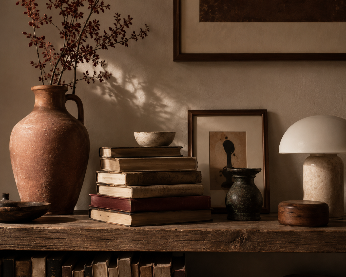 Collected not decorated home style shelf styling with mixed vintage and new objects