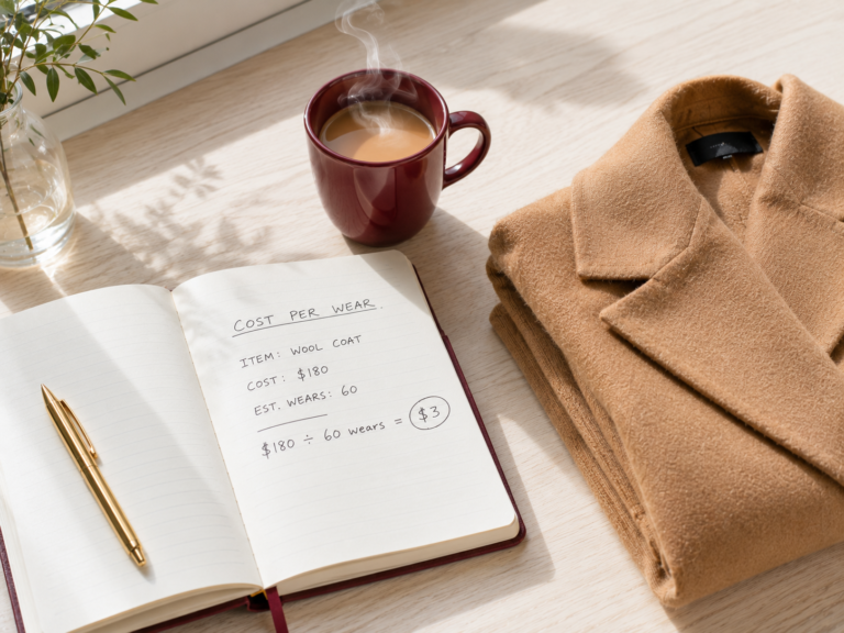 Cost per wear calculator fashion math handwritten in a notebook beside a folded wool coat