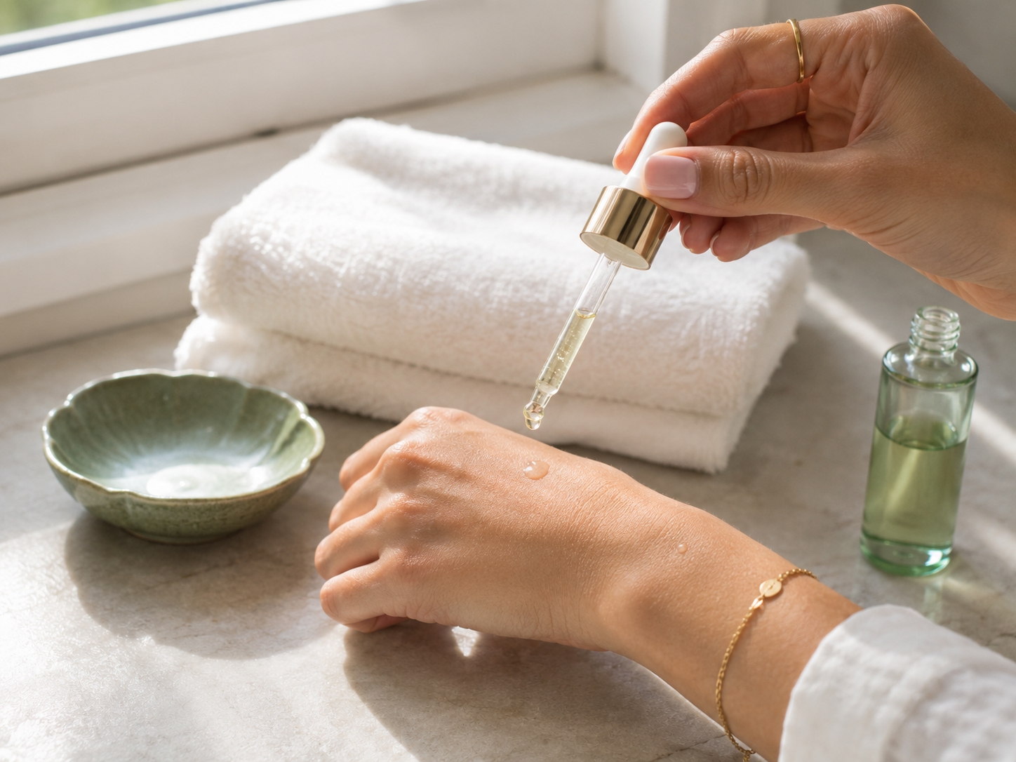 Microbiome skincare explained through a fermented serum dropper suspended above bare skin in soft morning light
