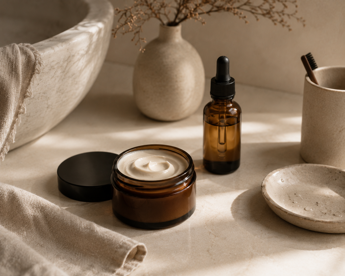 Skin longevity routine essentials — a minimalist vanity flatlay with a moisturizer jar and dropper serum in soft natural light.