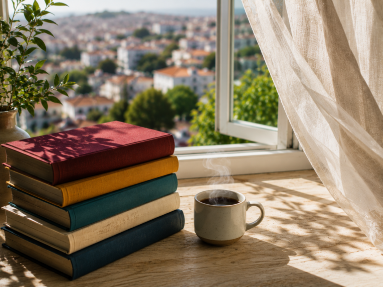 Slow living books in warm, colorful stack beside a sunlit window with billowing curtain