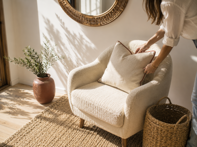 Small space quiet luxury decor with a jute rug, rattan mirror, and linen pillow layered in a sunlit living room corner