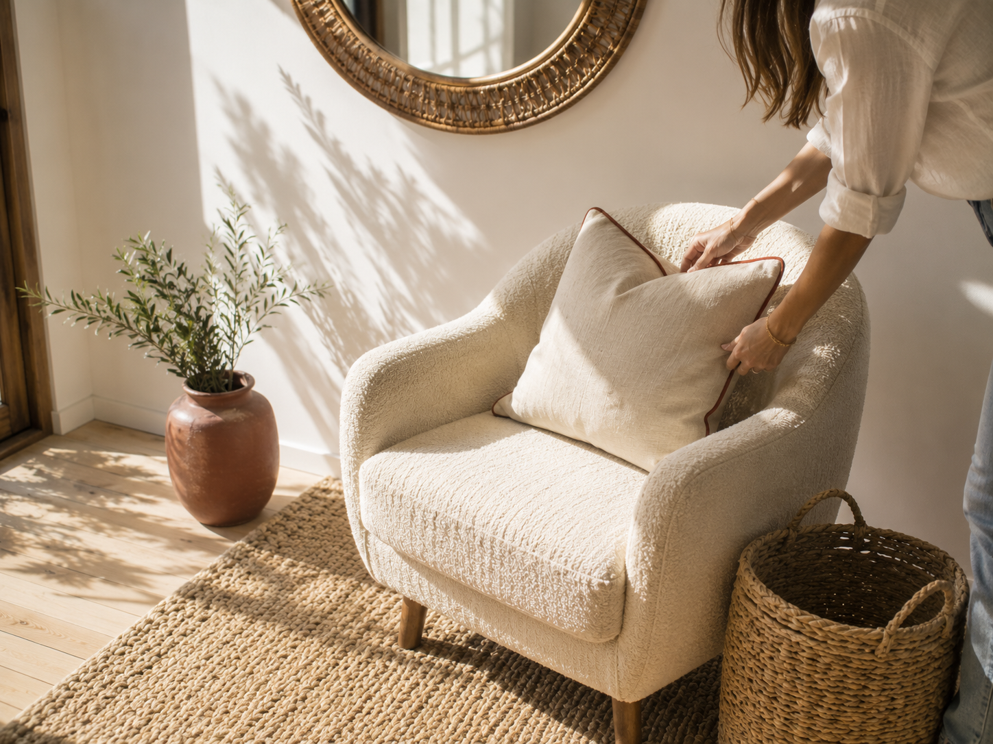 Small space quiet luxury decor with a jute rug, rattan mirror, and linen pillow layered in a sunlit living room corner