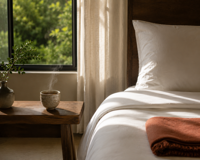 Steam rising from a cup beside a neatly made bed in a spare, design-led room — the visual language behind quiet luxury hotels 2026