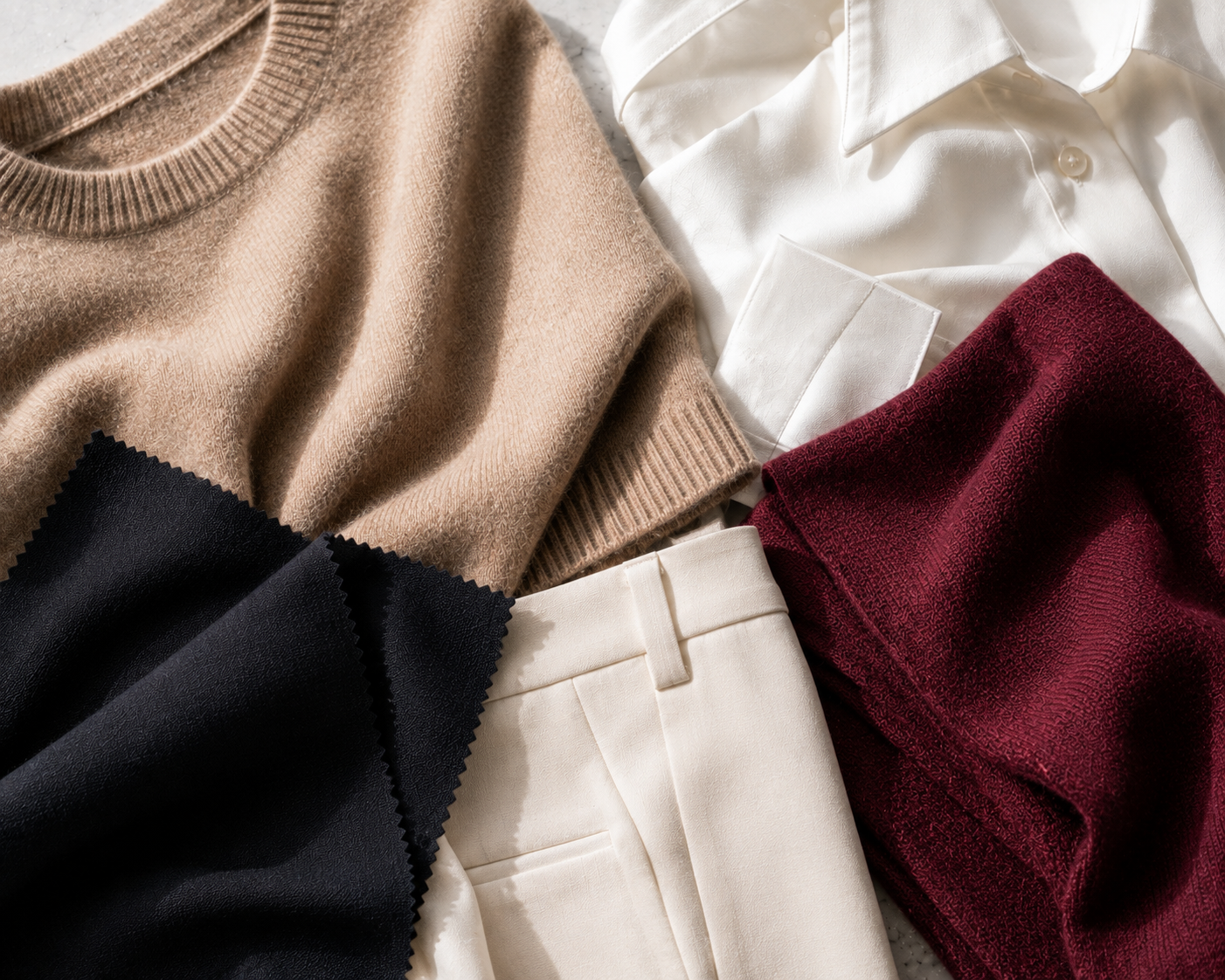 Capsule wardrobe color palette flat lay: camel cashmere knit, ivory woven blouse, and a rich burgundy accent fabric arranged in bright natural light