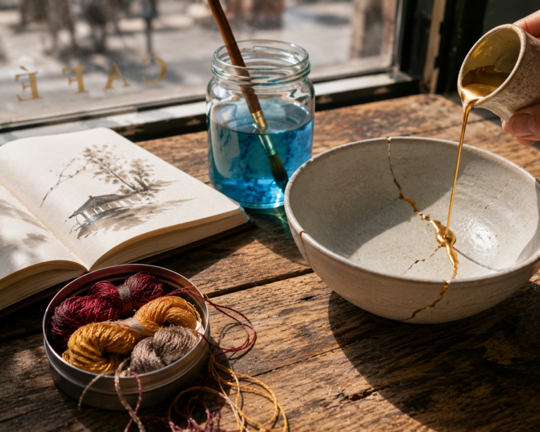 Everyday rituals as art come together on a table an unseen hand pours gold kintsugi lacquer over a cracked ceramic bowl, teal ink swirls in a jar beside an open sketchbook, and burgundy embroidery thread spills from a tin in bright morning light