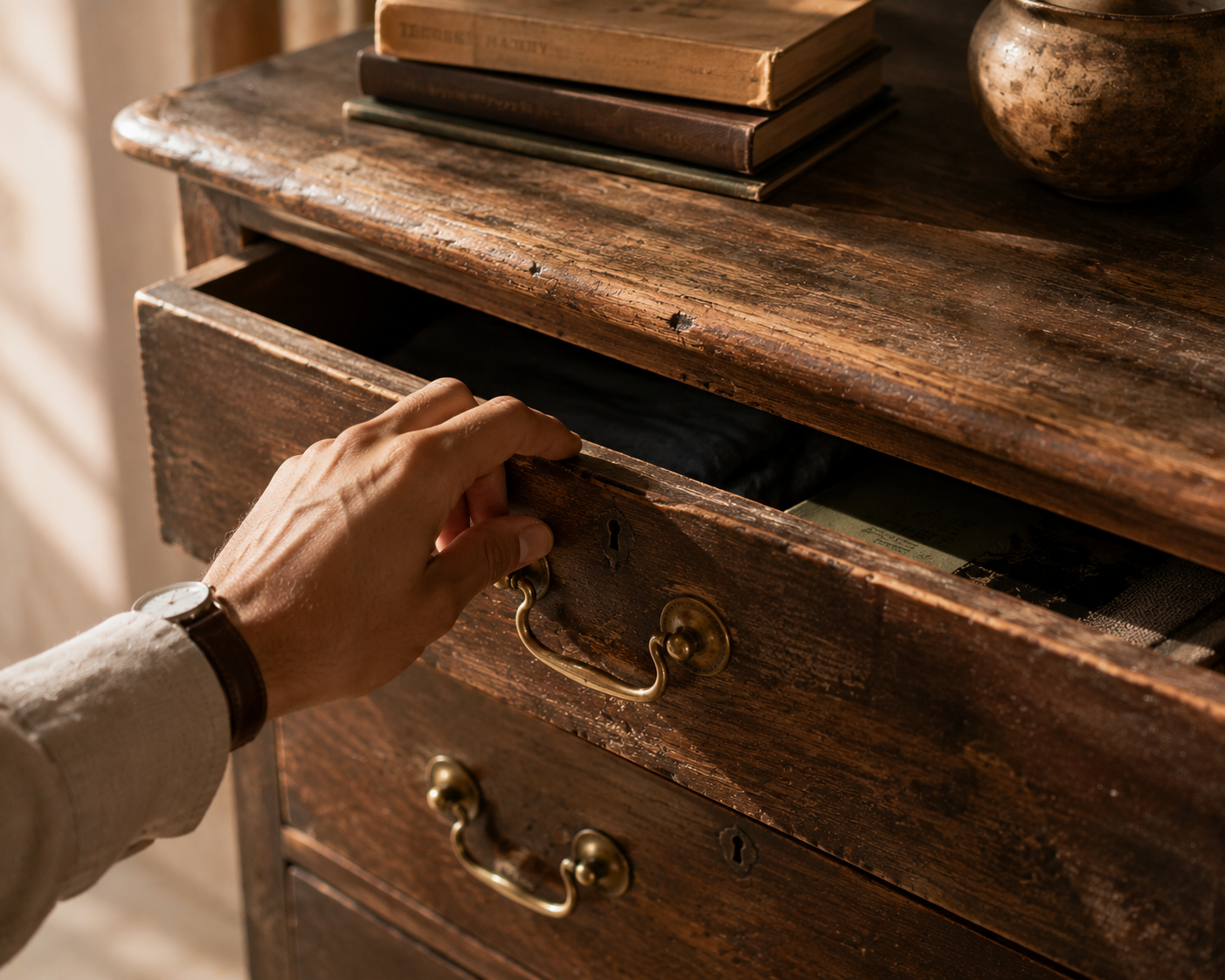 How to buy vintage furniture online: hand tracing the wood grain of a weathered vintage side table in warm afternoon light, brass drawer pull and woven linen textile in the background
