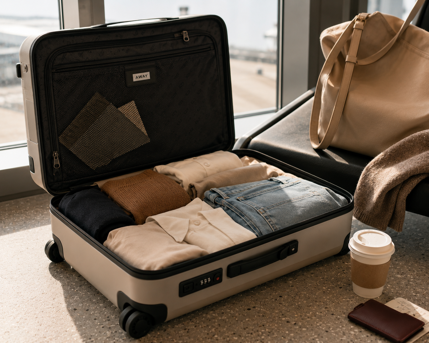 Carry on capsule wardrobe packing list: open suitcase packed with folded neutral clothing in soft window light